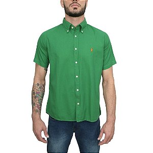 Camisa Social Oxford Manga Curta Verde Bandeira Logo Clássico Laranja