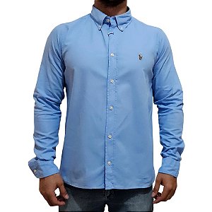 Camisa Social Oxford Manga Longa Azul Claro Logo Colorido