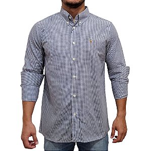 Camisa Ralph Lauren Micro Xadrez Azul Marinho Logo Colorido