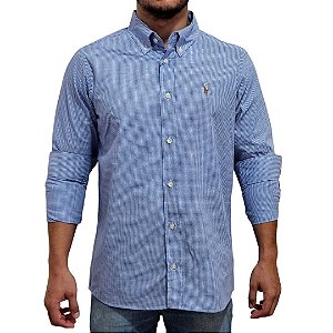 Camisa Ralph Lauren Micro Xadrez Azul Royal Logo Colorido