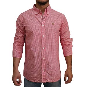 Camisa Ralph Lauren Micro Xadrez Manga Longa Vermelho Logo Colorido