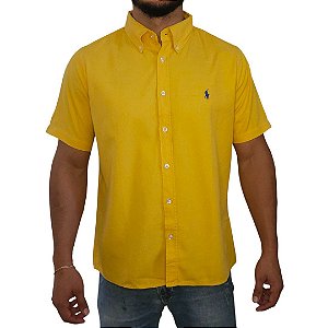 Camisa Social Oxford Manga Curta Amarelo Mostarda Logo Clássico