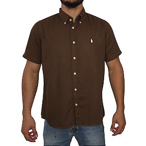 Camisa Social Oxford Manga Curta Café Logo Clássico