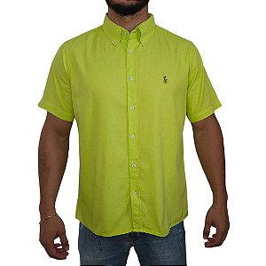 Camisa Social Oxford Manga Curta Verde Limão Logo Colorido