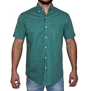 Camisa Social Txc Xadrez Manga Curta Verde Bordada 2712C