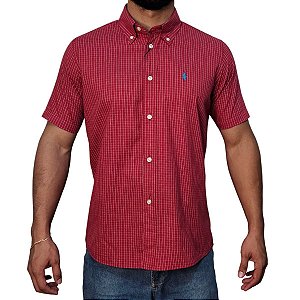 Camisa Ralph Lauren Quadriculada Dupla Listras Vermelho Logo Clássico Celeste