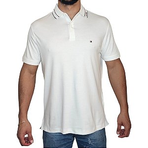 Polo Tommy Hilfiger Branco Regular Fit Flag Tipped TH Bordado Gola