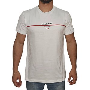 Camiseta Tommy Hilfiger Branco Established 1985 Estampada Listra Vermelha