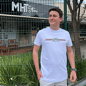 Camiseta Tommy Hilfiger Branco Contrast Stitch Stripe Estampada Tee