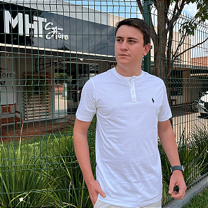 Camiseta Ralph Lauren Henley Branco Logo Clássico Azul Marinho