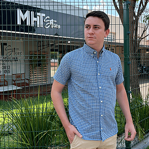Camisa Ralph Lauren Xadrez Manga Curta Azul Royal Clássico Laranja