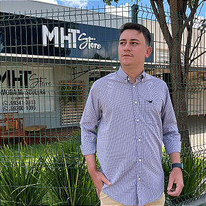 Camisa Manhatan Jeans Quadriculada Manga Longa Bege Marinho Logo Preto