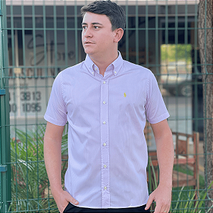 Camisa Ralph Lauren Quadriculada Manga Curta Rosa Claro Logo Clássico Amarelo