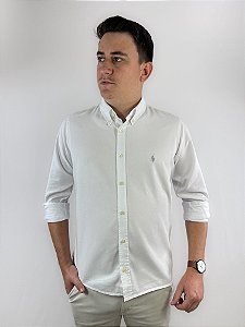 Camisa Social Oxford Manga Longa Branco Logo Clássico Cinza