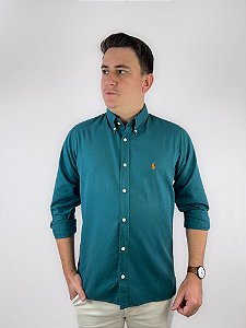 Camisa Social Oxford Manga Longa Verde Militar Logo Clássico Laranja