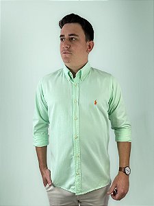 Camisa Social Oxford Manga Longa Verde Claro Logo Clássico Laranja