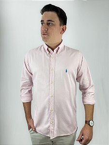 Camisa Social Oxford Manga Longa Rosa Claro Logo Clássico Celeste