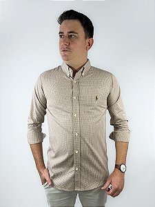 Camisa Ralph Lauren Quadriculada Manga Longa Caqui Logo Clássico Royal