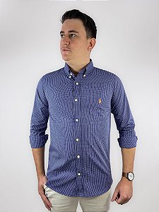 Camisa Ralph Lauren Quadriculada Manga Longa Marinho Logo Clássico Laranja
