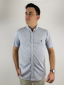 Camisa Ralph Lauren Micro Quadriculada Manga Curta Branco Linha Dupla Clássico Marinho