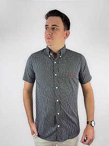 Camisa Ralph Lauren Quadriculada Manga Curta Preto Logo Clássico Vermelho
