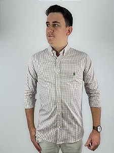 Camisa Ralph Lauren Xadrez Manga Longa Bege Logo Clássico Verde