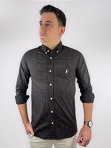 Camisa Ralph Lauren Xadrez Manga Longa Preto Listra Laranja Logo Clássico Branco