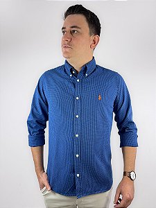 Camisa Social Oxford Micro Xadrez Manga Longa Azul Royal Logo Clássico Laranja