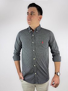 Camisa Ralph Lauren Quadriculada Manga Longa Preto Logo Clássico Vermelho