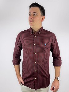 Camisa Ralph Lauren Xadrez Manga Longa Bordo Listra Preto Logo Clássico Celeste