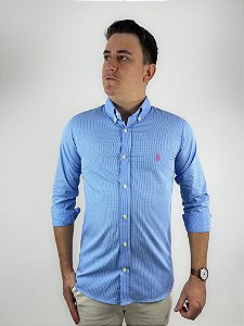 Camisa Ralph Lauren Quadriculada Manga Longa Azul Claro Logo Clássico Rosa