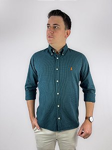 Camisa Social Oxford Micro Xadrez Manga Longa Verde Militar Logo Clássico Laranja