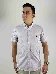 Camisa Ralph Lauren Micro Xadrez Manga Curta Listras Azul Logo Clássico Marinho