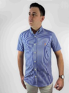 Camisa Ralph Lauren Xadrez Manga Curta Marinho Logo Clássico Laranja