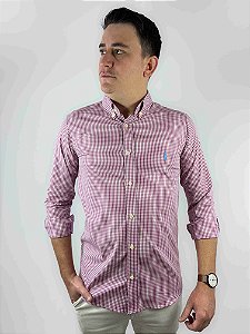Camisa Ralph Lauren Xadrez Manga Longa Bordo Logo Clássico Celeste