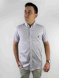 Camisa Ralph Lauren Xadrez Manga Curta Lilás Logo Clássico Marinho