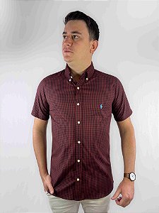 Camisa Ralph Lauren Xadrez Manga Curta Bordo Listra Preto Logo Clássico Celeste