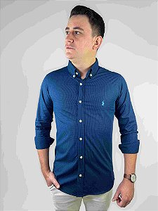 Camisa Ralph Lauren Quadriculada Manga Longa Azul Petróleo Logo Clássico Celeste