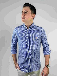 Camisa Ralph Lauren Xadrez Manga Longa Marinho Logo Clássico Laranja