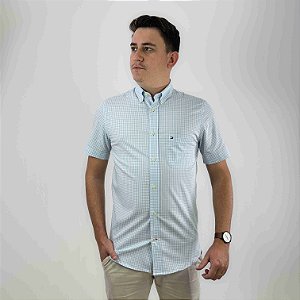 Camisa Tommy Hilfiger MC Com Bolso Azul Claro Xadrez Regular Fit