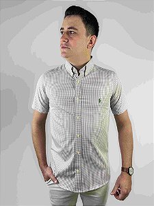 Camisa Ralph Lauren Xadrez Manga Curta Bege Logo Clássico Verde