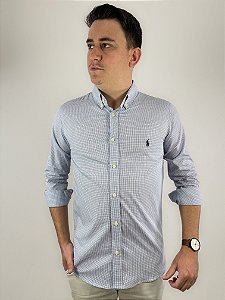 Camisa Ralph Lauren Micro Quadriculada Manga Longa Branco Linha Dupla Clássico Marinho