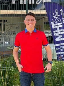 Polo Ralph Lauren Vermelho Gola Azul Royal Listra Preto Logo Clássico Marinho