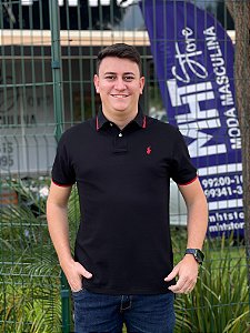 Polo Ralph Lauren Preto Detalhe Gola Punho Vermelho Logo Clássico Vermelho