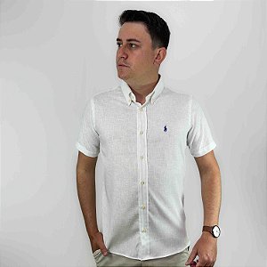 Camisa Ralph Lauren Manga Curta Linho Bege Claro Logo Clássico Marrom FI