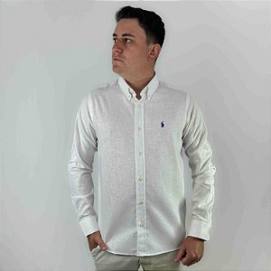 Camisa Ralph Lauren Manga Longa Linho Branco Logo Clássico Azul Royal LI