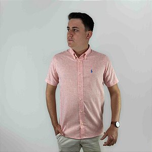 Camisa Ralph Lauren Manga Curta Linho Vermelho Claro Logo Clássico Celeste LI
