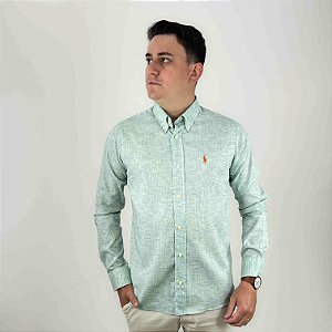 Camisa Ralph Lauren Manga Longa Linho Verde Claro Logo Clássico Laranja LI