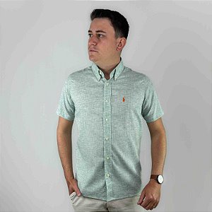 Camisa Ralph Lauren Manga Curta Linho Verde Claro Logo Clássico Laranja LI