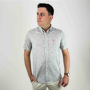 Camisa Ralph Lauren Manga Curta Linho Cinza Claro Logo Clássico Laranja LI